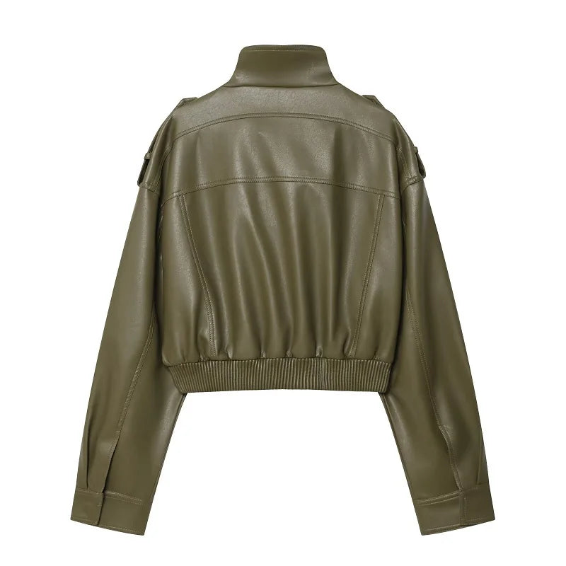 Women's High-Neck Zip-Up Moto Jacket with Pockets
