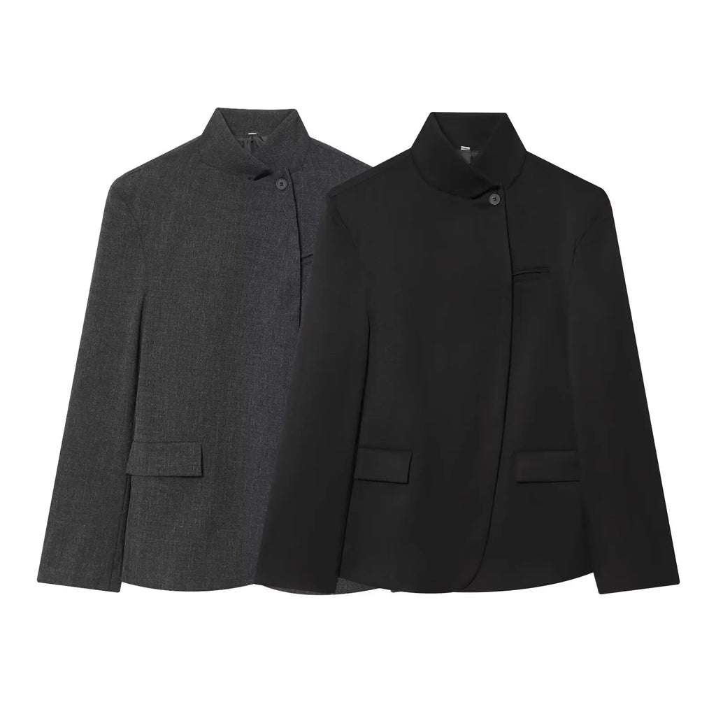 Women's Plaid Stand-Collar Single-Button Blazer Fashion High Street Outwear