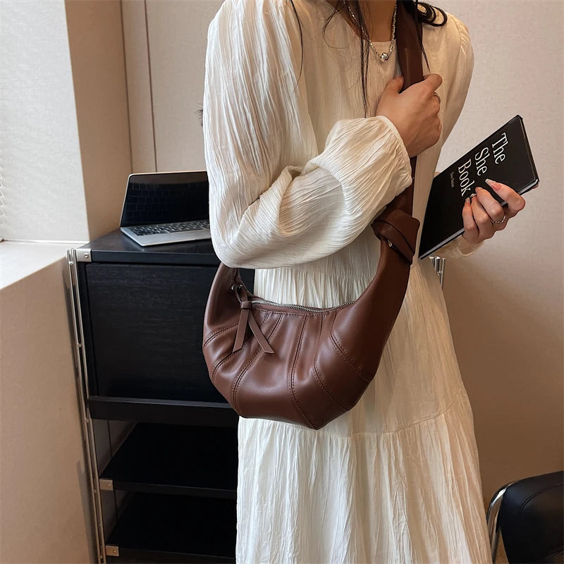 Large Splicing Leather Crossbody Bags Women Zipper Crescent Shoulder Bags