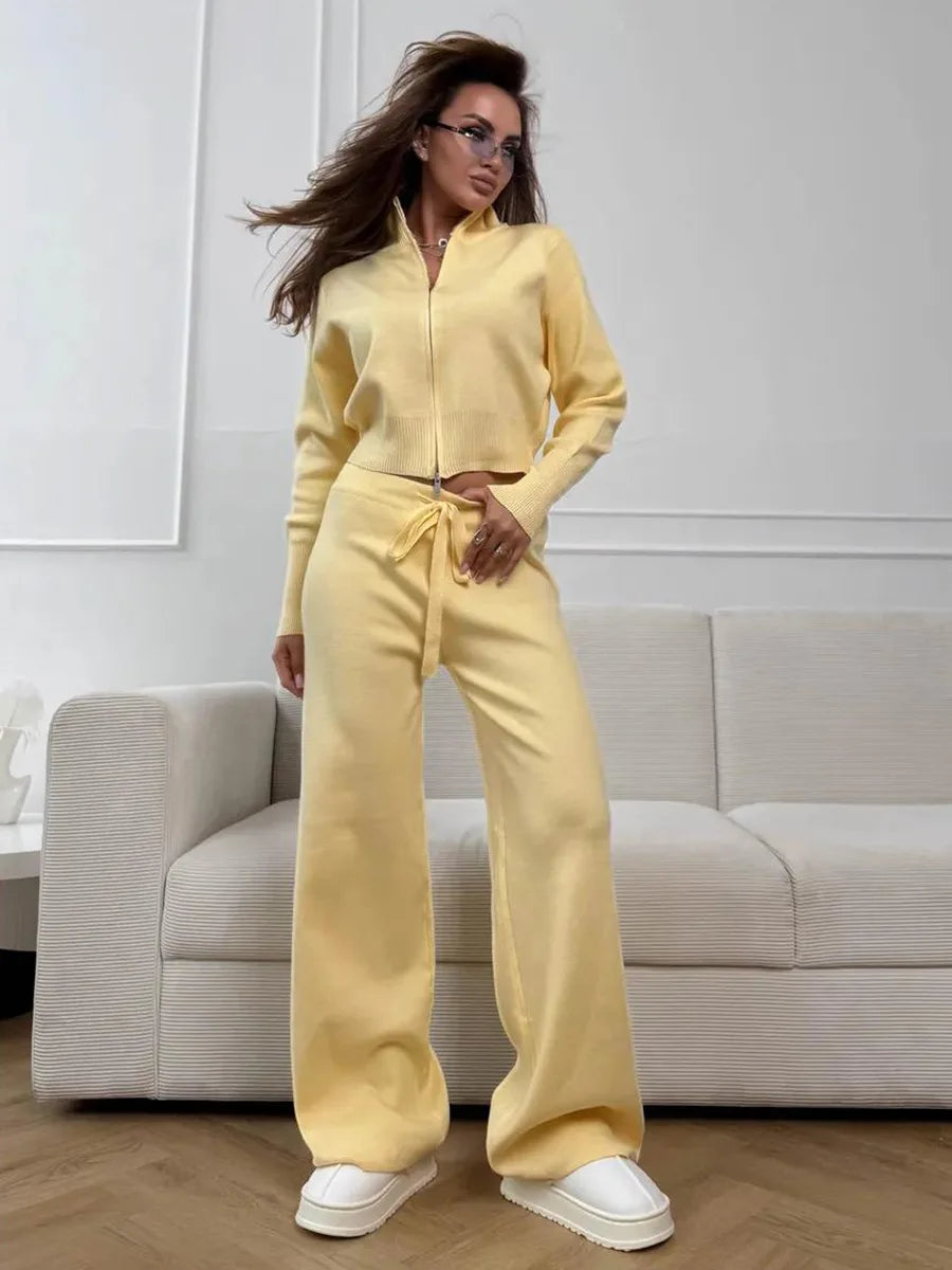 Women's Knit 2-Piece Set Zip-Up Stand Collar Cardigan Wide-Leg Ankle Pants Office Lady Autumn Winter Outfit