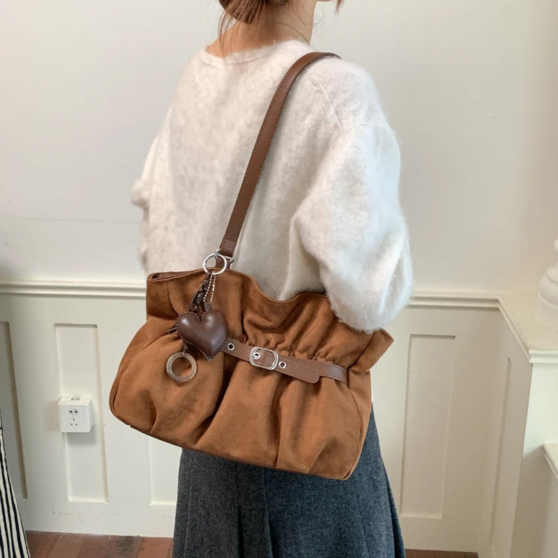 Women's Shoulder Bag Vintage Ruched PU Leather Zipper Tote Bag with Phone Pocket & Charm