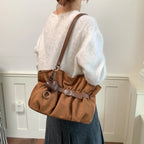 Women's Shoulder Bag Vintage Ruched PU Leather Zipper Tote Bag with Phone Pocket & Charm