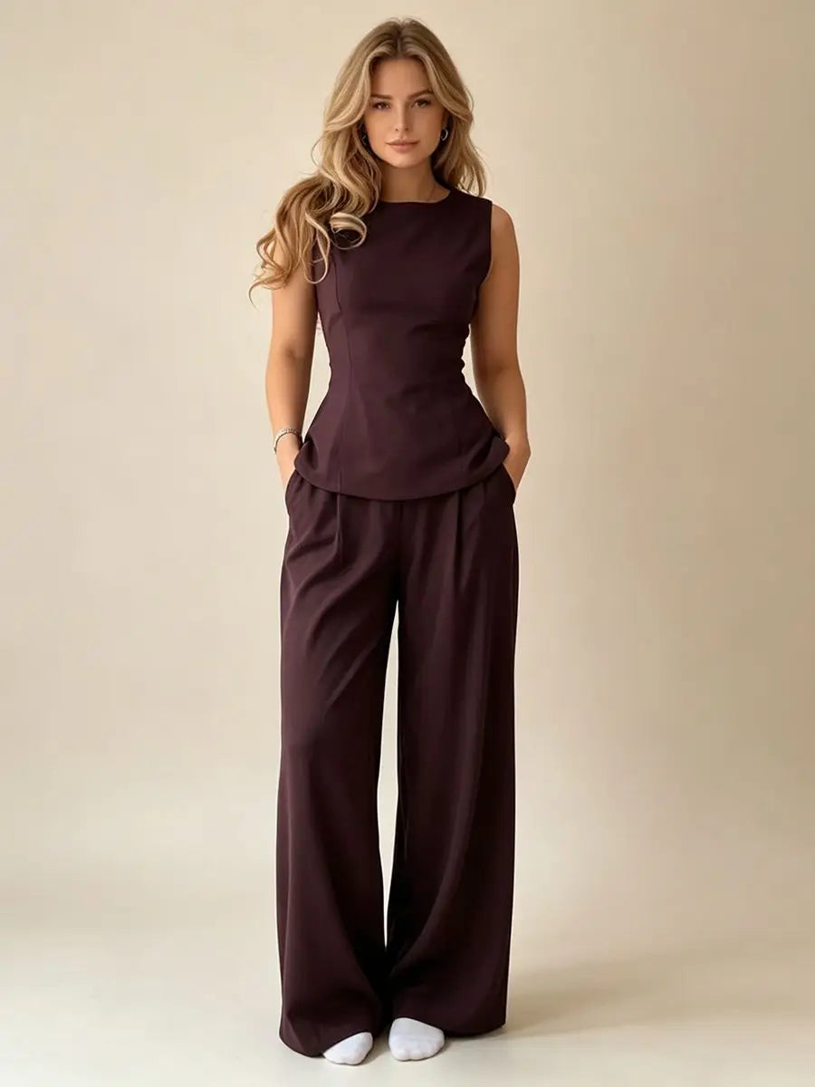 2026 Women Casual Set Elegant Back Tie Sleeveless Peplum Top + Wide Leg Pants 2 Pieces