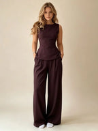 2026 Women Casual Set Elegant Back Tie Sleeveless Peplum Top + Wide Leg Pants 2 Pieces
