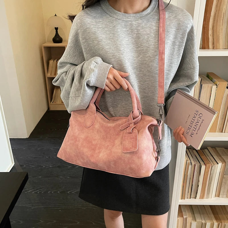 Women's Boston-Style PU Leather Shoulder Bag with Zipper