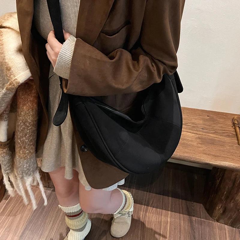 Crescent Large Shoulder Bags Zipper Soft Matte Women Nubuck Leather Crossbody