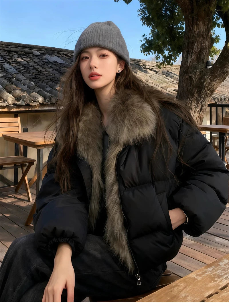 Women's Cropped Puffer Jacket with Faux Fur Collar