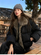 Women's Cropped Puffer Jacket with Faux Fur Collar