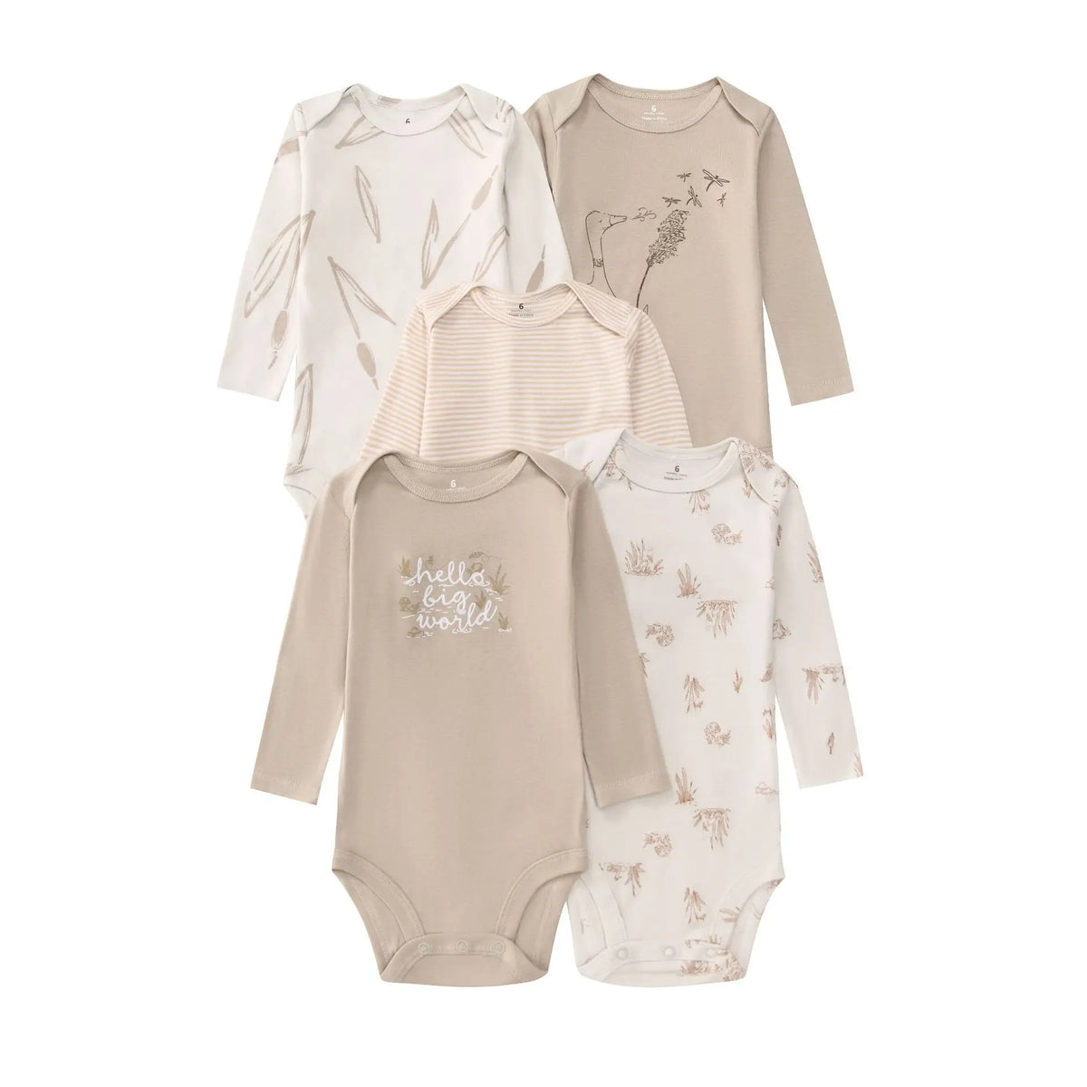 Flat-lay display of five beige and cream long-sleeve baby bodysuits with reed patterns, goose illustration, striped cream,