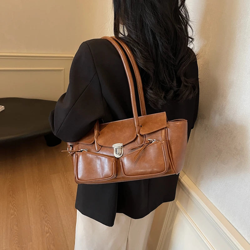 Leather Underarm Bags Women Tote Flap Push Lock with Outer Zip Pockets Crossbody