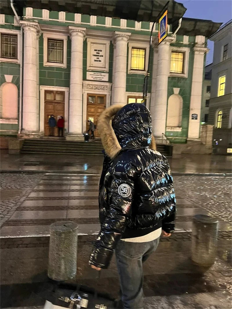Women's Glossy Hooded Puffer Jacket with Faux Fur Trim