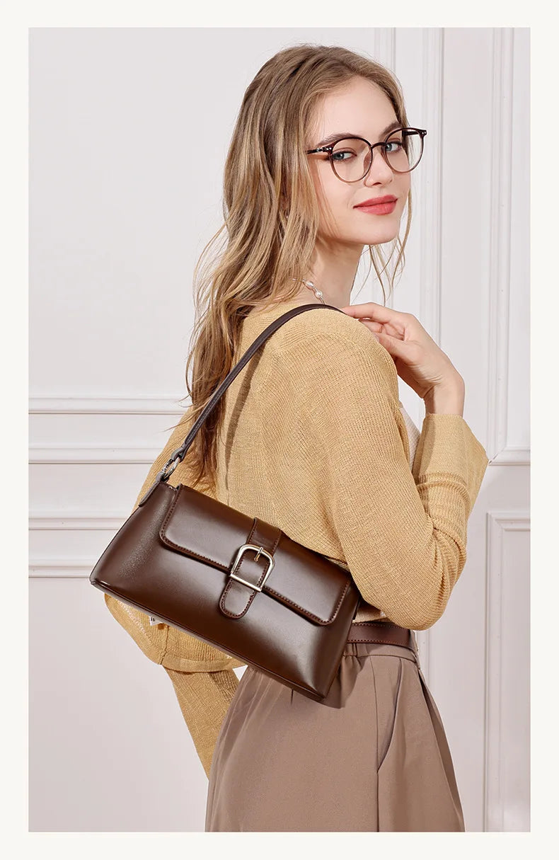 Women's Genuine Leather Baguette Shoulder Bag – Vintage Cowhide Crossbody