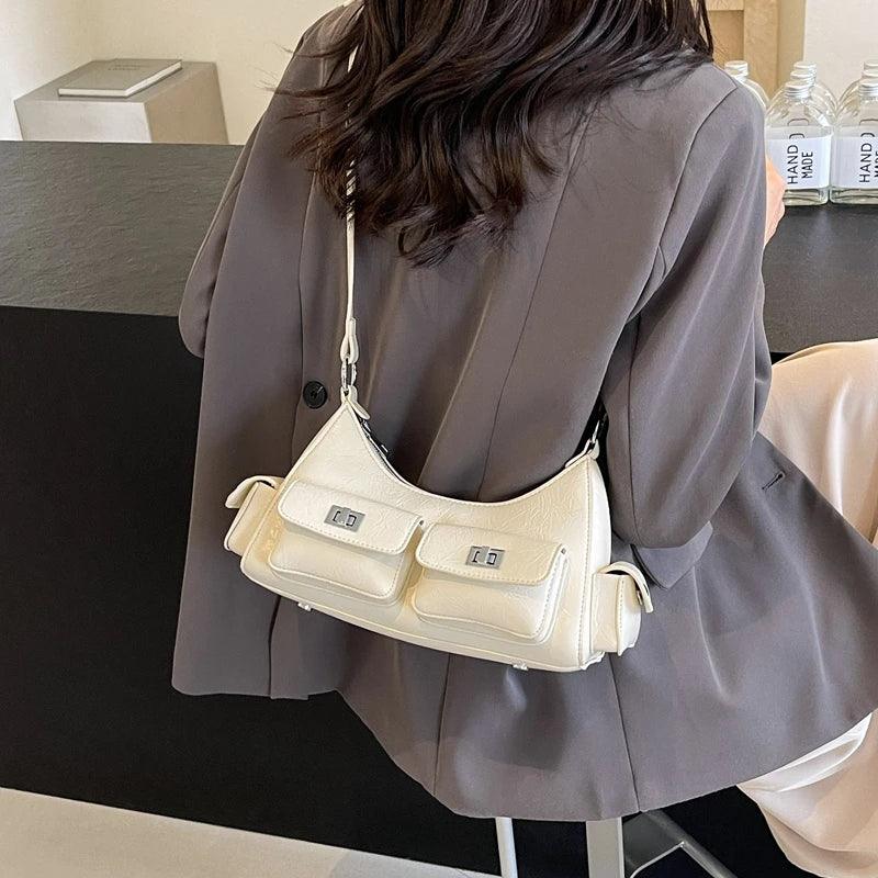 Double Pockets Retro Leather Shoulder Bags Women Zipper Small Crossbody Bags