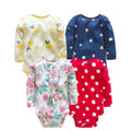 Four assorted long sleeve bodysuits together showing lemon, icon, floral, and polka dot prints