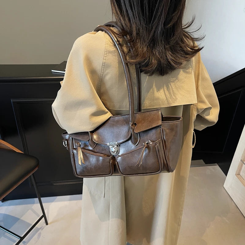 Leather Underarm Bags Women Tote Flap Push Lock with Outer Zip Pockets Crossbody