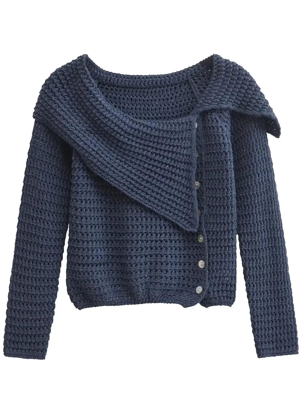 Knit Cardigan Lapel Neck Crossover Button Long Sleeve Sweater Blue Scd56280ed9c841ac8caed534bd125332T STYLEINGER