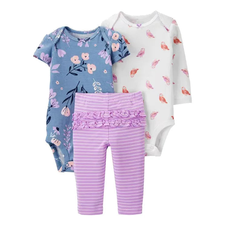 Blue floral bodysuit, white owl print top, and lavender striped leggings with ruffled elastic waistband