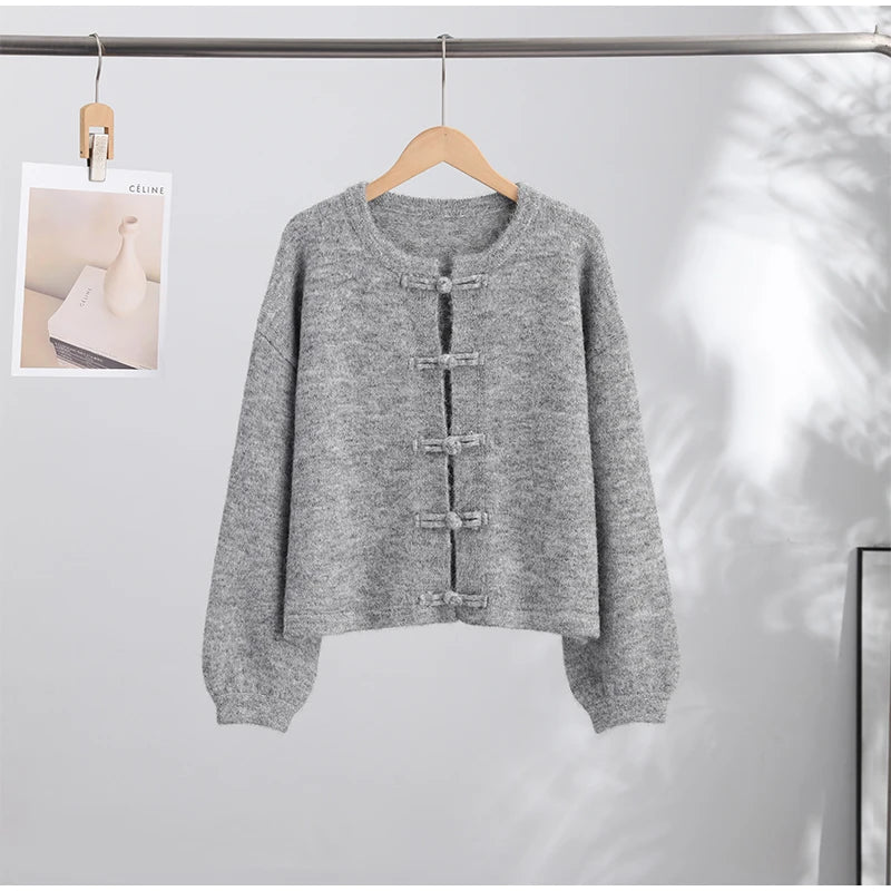 Women's Cardigan Knit Open-Stitch Button O-Neck Loose Full-Sleeve Casual Autumn Winter Sweater