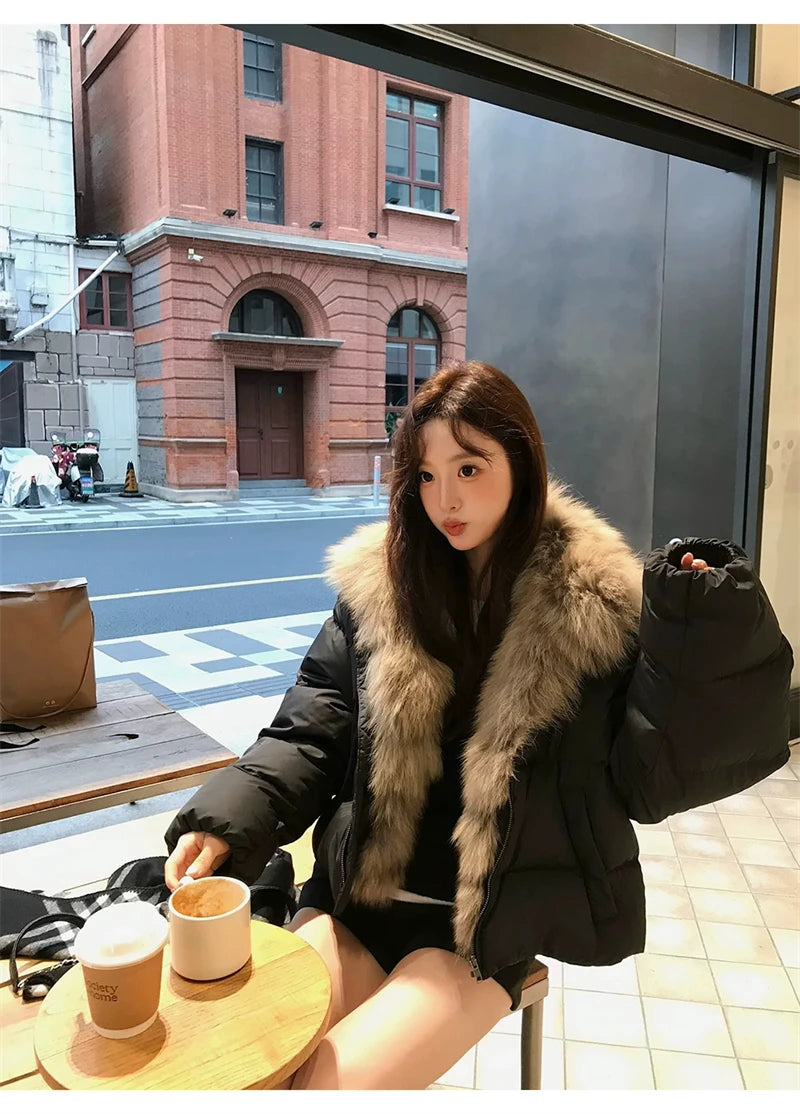 Women's Cropped Puffer Jacket with Faux Fur Collar