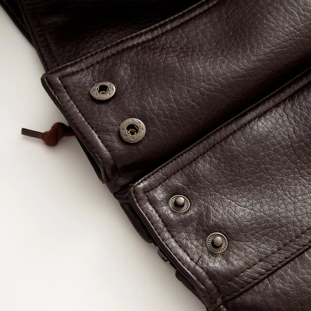 Women's Jacket Vintage PU Faux Leather Drawstring Double-Breasted Pleated Full-Sleeve Casual Coat