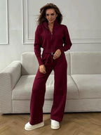 Women's Knit 2-Piece Set Zip-Up Stand Collar Cardigan Wide-Leg Ankle Pants Office Lady Autumn Winter Outfit
