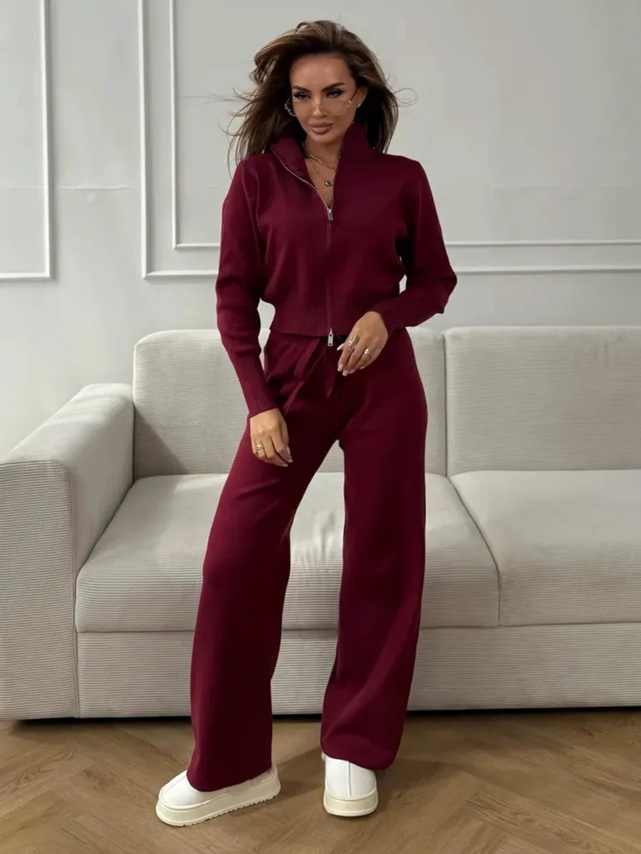 Women's Knit 2-Piece Set Zip-Up Stand Collar Cardigan Wide-Leg Ankle Pants Office Lady Autumn Winter Outfit