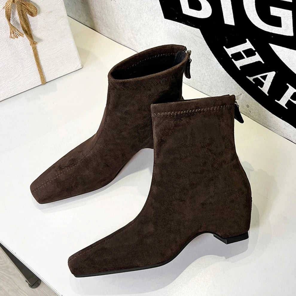 BIGTREE Damen Wildlederschnürstiefel Quadratische Spitze Blockabsatz Reißverschluss