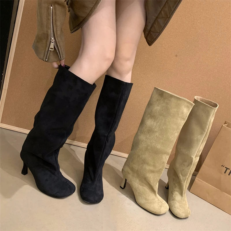 Women's Slouchy Faux Suede Knee-High Heeled Boots