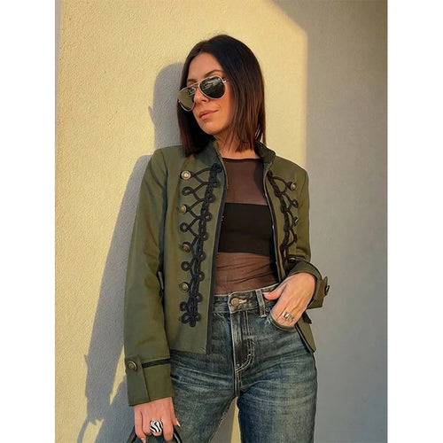 Women's Jacket Vintage Solid Knot Button Single-Breasted Stand Collar Full-Sleeve Slim Short Outerwear Coat