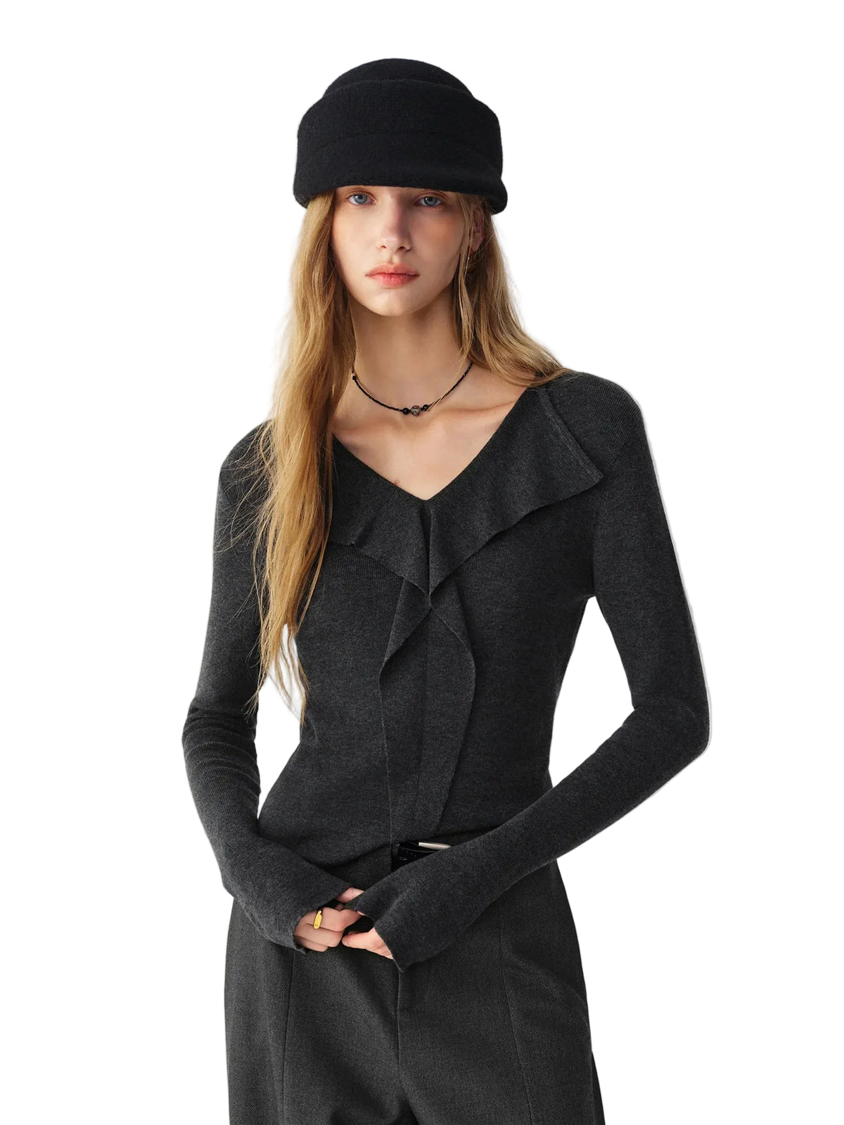 Women's Wool Blend Slim Pullover Sweater – V-Neck, Long Sleeve, Knit