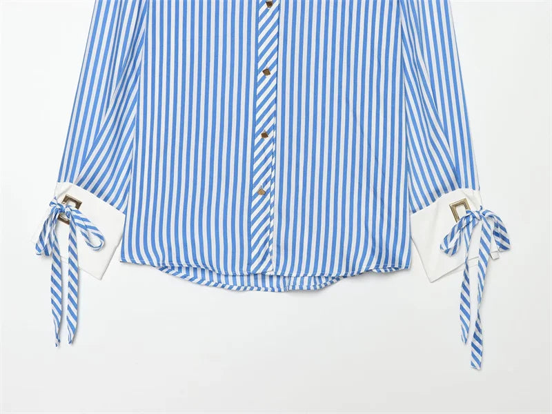 Women's Shirt 2026 Fashion Bow-tie Striped Top Long Sleeve Elegance Chic Daily
