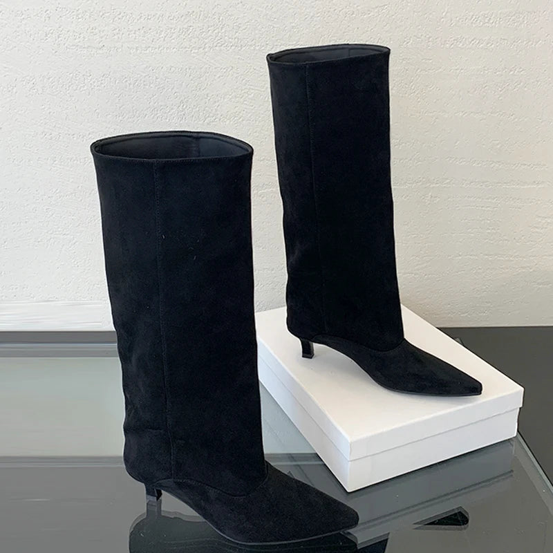 Women's Faux Suede Knee-High Boots with Pointed Toe