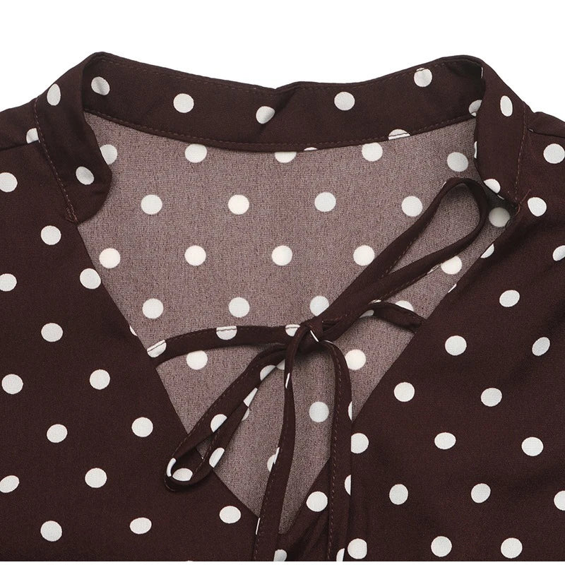Women's Mini Dress Polka Dot Tie V-Neck Flared Long-Sleeve Slim-Fit Casual Summer Club Dress