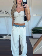 Women's Denim Patchwork Wide-Leg Ankle Jeans Drawstring Low Waist Loose Fit Casual Trendy Bottoms