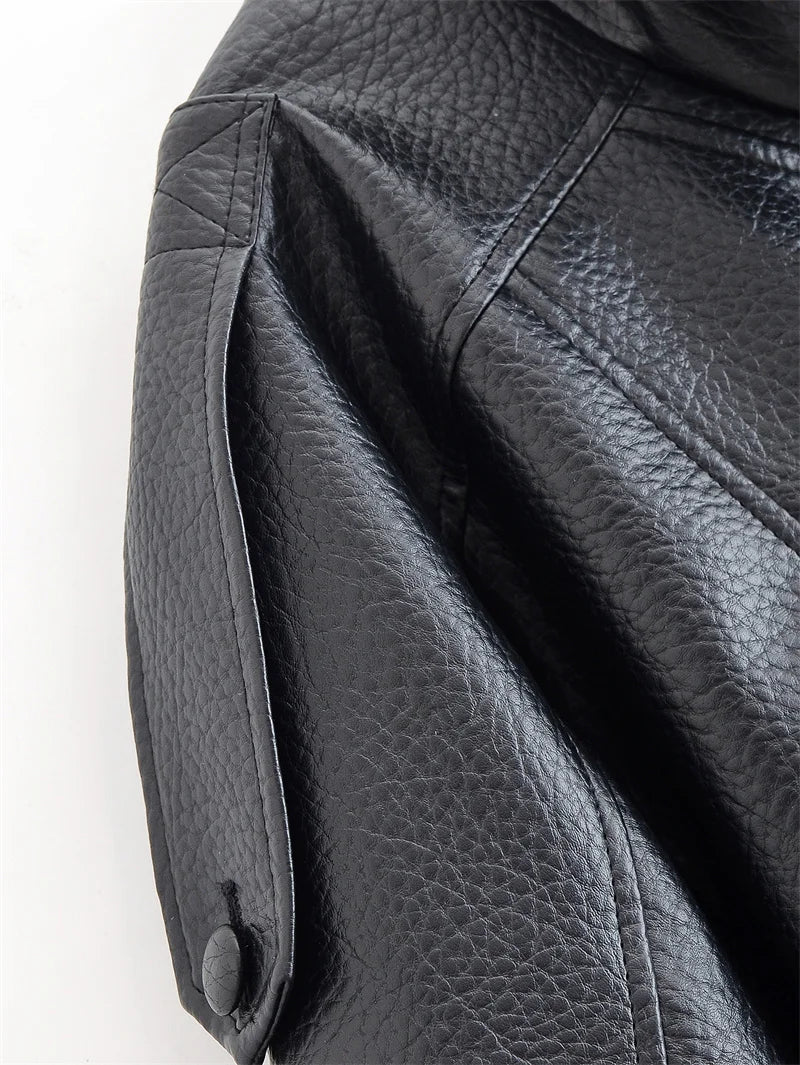 Women's Jacket Pebble Faux Leather Full-Sleeve Moto-Style Zipper Casual Coat