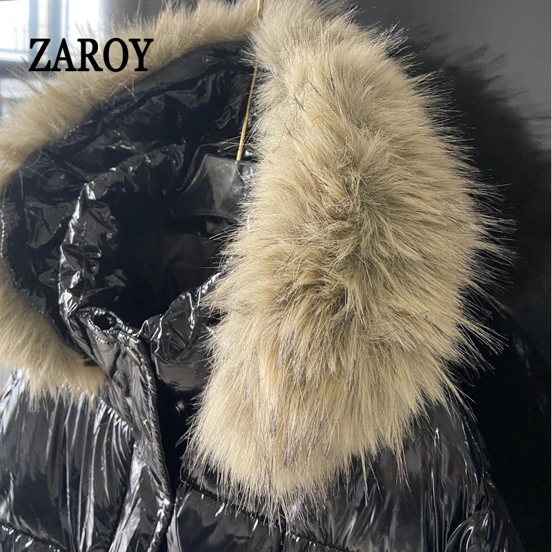 Women's Glossy Hooded Puffer Jacket with Faux Fur Trim