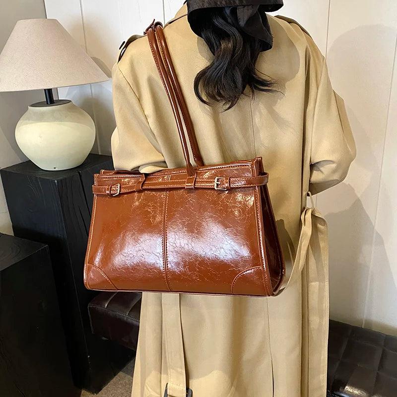 Large Leather Tote Bags Shoulder Bag Women Belt Style Zipper Handbags and Purses