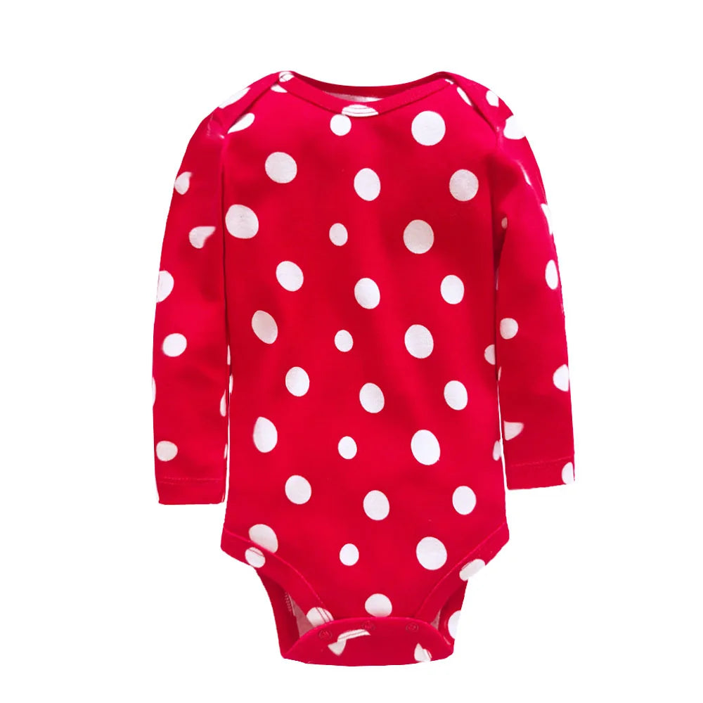 Red polka dot baby bodysuit with white dots of varying sizes and O-neck collar