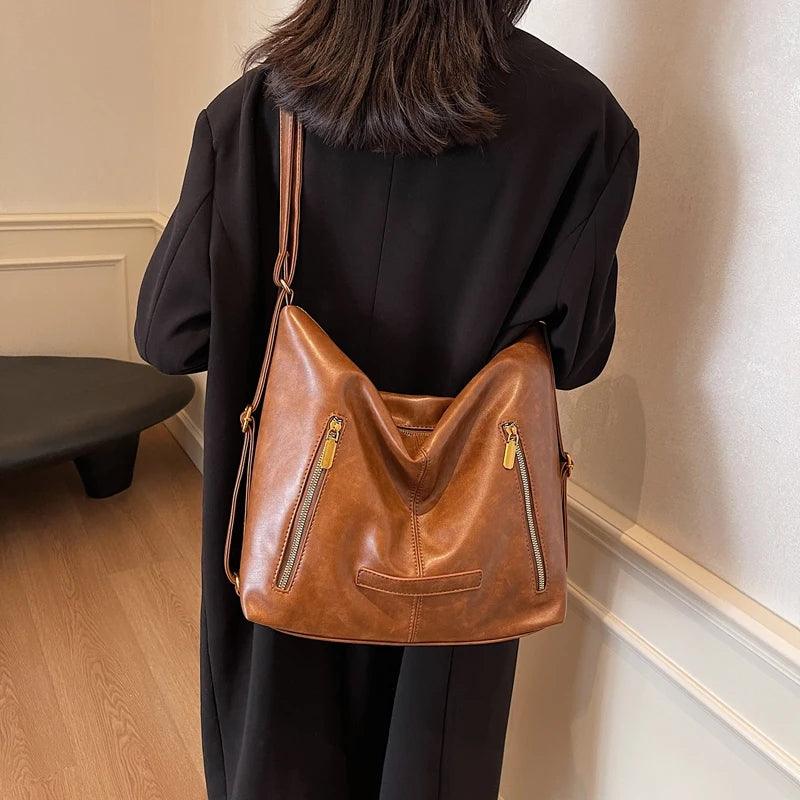 Large Leather Shoulder Bags Zipper Outer Pockets Women Soft Handbags Purses