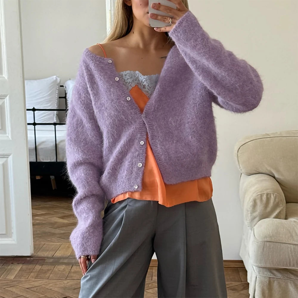 Cardigan Women's Spring and Autumn Loose Round Neck Knitted Jacket Soft Long Sleeved Sweater