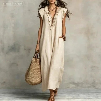 Boho Maxi Dress with Pockets – Ruffle V-Neck Sleeveless Beach Dress