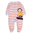 Grey and orange striped footed romper with central zipper and monkey on skateboard applique