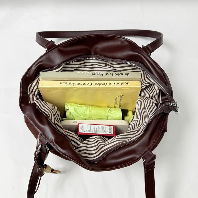 Women's Shoulder Bag Vintage Ruched PU Leather Zipper Tote Bag with Phone Pocket & Charm