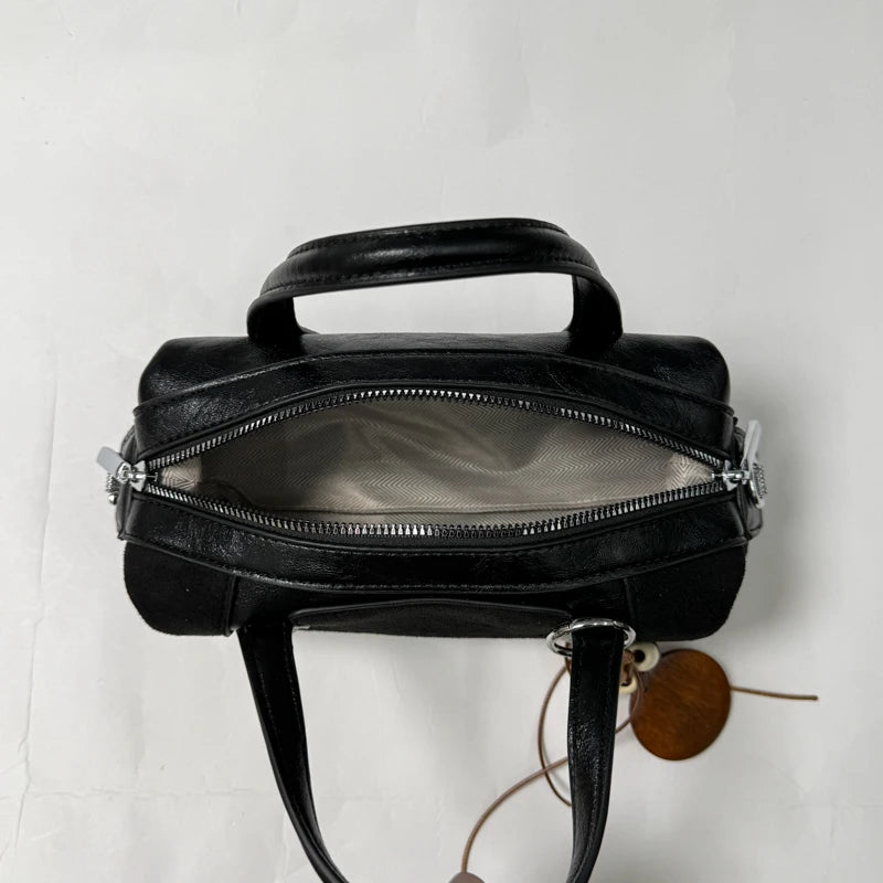 Women's Small Boston-Style PU Crossbody Bag with Zipper
