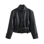 Women's Faux Leather Casual Fashion Jacket Belted Stand-Collar Button-Front Coat