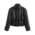 Women's Faux Leather Casual Fashion Jacket Belted Stand-Collar Button-Front Coat