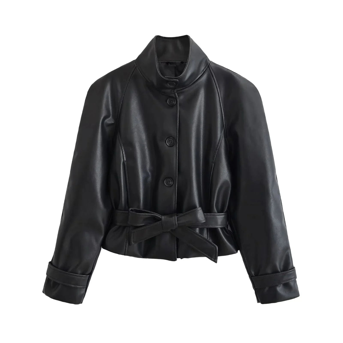 Women's Faux Leather Casual Fashion Jacket Belted Stand-Collar Button-Front Coat