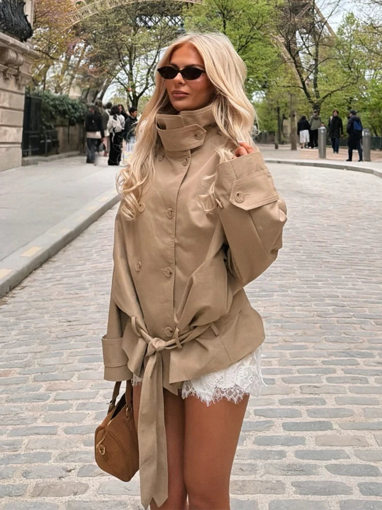 Khaki Belted Short Trench Coat for Women