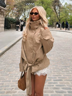 Khaki Belted Short Trench Coat for Women