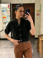 Cardigan Curto de Manga Curta Plush para Mulher | Top Felpudo Elegante com Fecho Simples